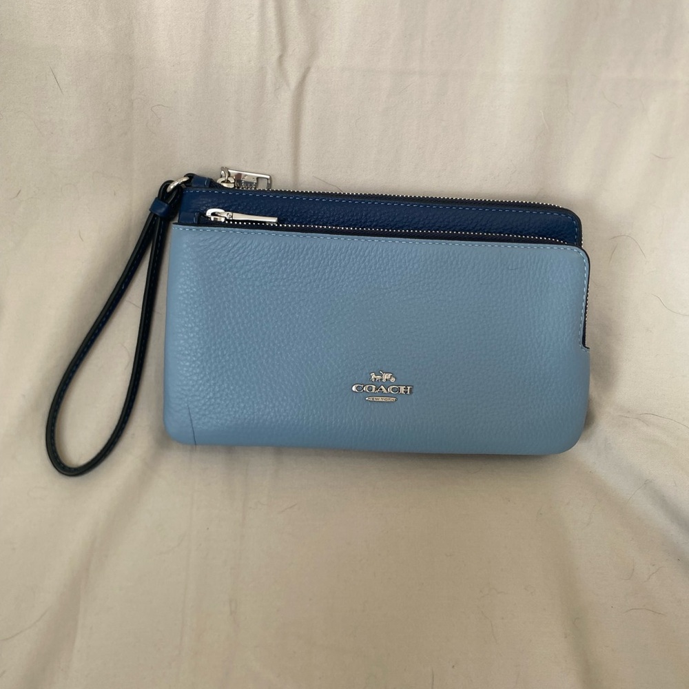Coach Double Zip Leather Wristlet – Light Blue (NWT + Box)